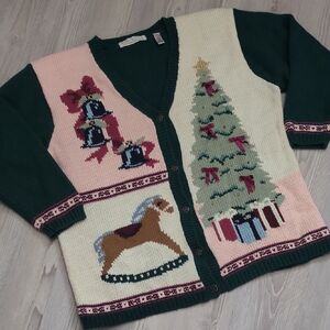 Karen Scott 2X Festive Holiday Cardigan Sweater Tree Rocking Horse Christmas
